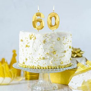 60th Birthday Number Candles 3D Diamond Shape Cake Candles Number 60 Candles Cake Topper Decoration for Birthday Wedding Celebration Anniversary Favor (Gold)