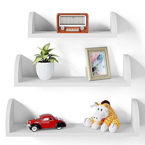 SRIWATANA White Floating Shelves, Nursery Wall Shelves Set of 3, Solid Wood Shelves for Bedroom, Living Room, Kitchen, Bathroom - White