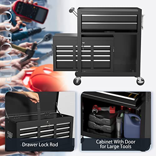 8-Drawer Tool Chest with Wheels, Tool Storage Cabinet and Tool Box, Lockable Rolling Tool Chest with Drawers, Toolbox Organizer for Garage Warehouse Workshop (Black)