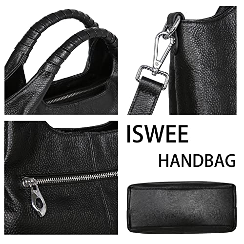 Iswee Genuine Leather Top Handle Satchel Tote Bag Womens Handbags Shoulder Bag Designer Purse Crossbody Bags for Ladies (Black)