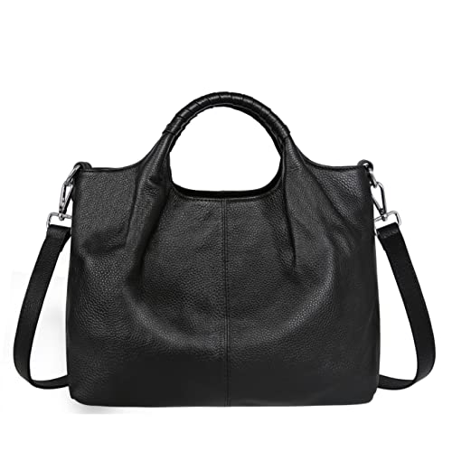 Iswee Genuine Leather Top Handle Satchel Tote Bag Womens Handbags Shoulder Bag Designer Purse Crossbody Bags for Ladies (Black)