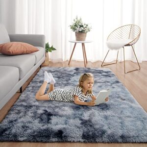 flagover soft fluffy area rugs for bedroom, 4×6 feet tie-dye rugs, shaggy bedside rugs colorful abstract plush rug for kids boys girls room home decor dorm non-slip fuzzy carpet, blue grey