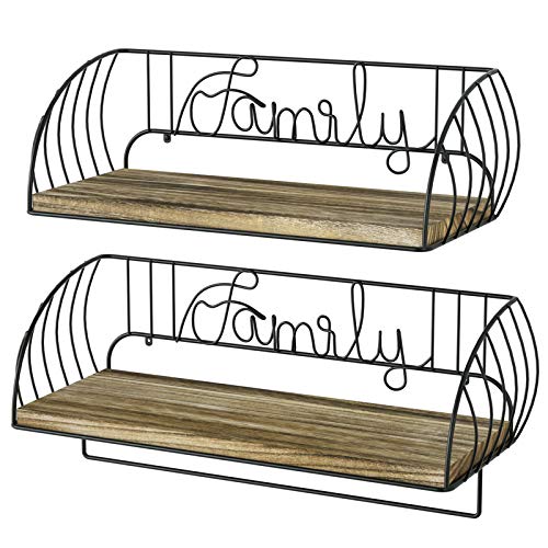 Alsonerbay Bathroom Wood Shelves with Towel Bar Set of 2, Wall Mounted Floating Storage Shelf, Rustic Solid Wooden Decor for Kitchen, Living Room, Bedroom, Carbonized Black