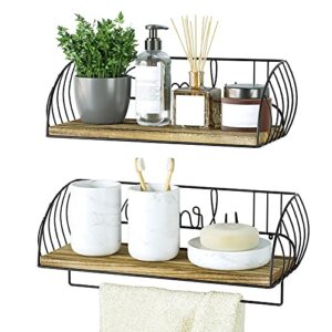 Alsonerbay Bathroom Wood Shelves with Towel Bar Set of 2, Wall Mounted Floating Storage Shelf, Rustic Solid Wooden Decor for Kitchen, Living Room, Bedroom, Carbonized Black