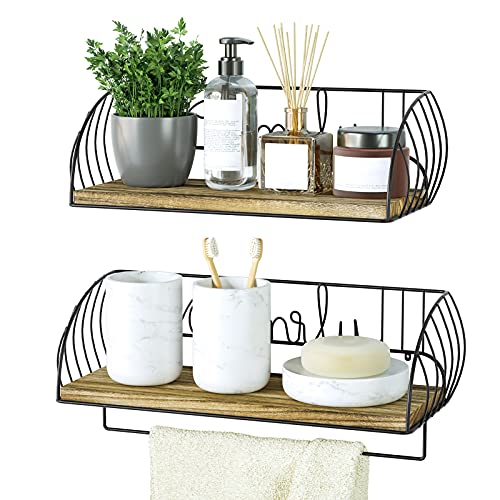 Alsonerbay Bathroom Wood Shelves with Towel Bar Set of 2, Wall Mounted Floating Storage Shelf, Rustic Solid Wooden Decor for Kitchen, Living Room, Bedroom, Carbonized Black