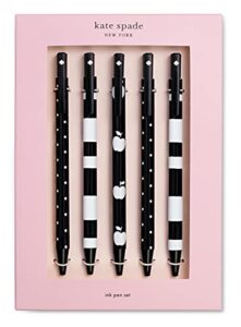 kate spade new york black ink pen set of 5, cute plastic click pens, dots and stripes