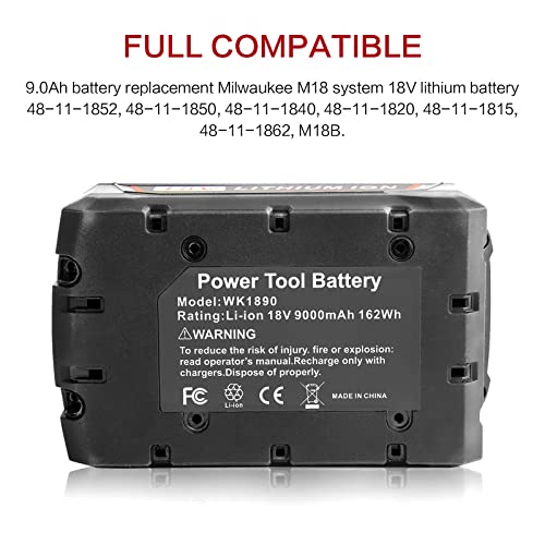 [2Pack] High Output 9.0Ah 18V M18 Lithium ion Battery for Milwaukee M18B Xc 48-11-1850 48-11-1815 48-11-1820 48-11-1852 48-11-1828 48-11-1822 48-11-1811 48-11-1840 48-11-1860 48-11-10