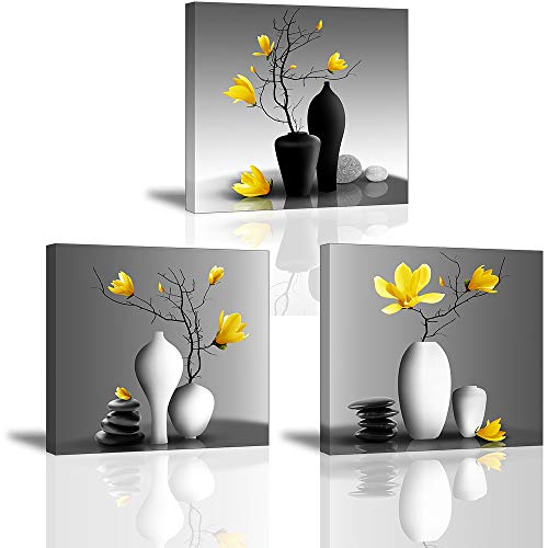 Flower Wall Art for Bathroom Hallway, SZ Elegant Orchid Still Life Canvas Painting Prints, Golden Magnolia in Black and White Vases Picture (Ready to Hang, Waterproof Decor)