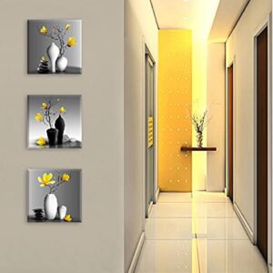 Flower Wall Art for Bathroom Hallway, SZ Elegant Orchid Still Life Canvas Painting Prints, Golden Magnolia in Black and White Vases Picture (Ready to Hang, Waterproof Decor)