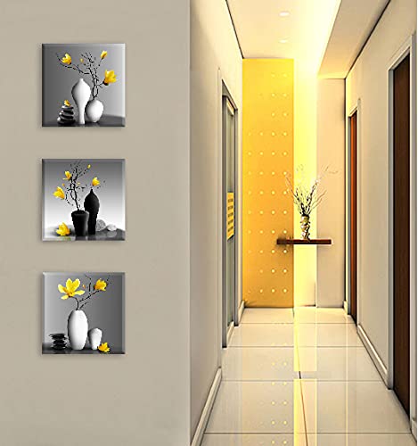 Flower Wall Art for Bathroom Hallway, SZ Elegant Orchid Still Life Canvas Painting Prints, Golden Magnolia in Black and White Vases Picture (Ready to Hang, Waterproof Decor)