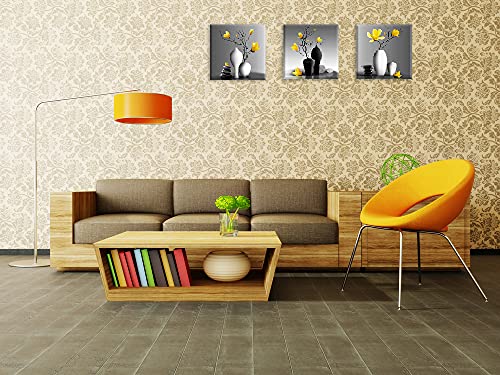 Flower Wall Art for Bathroom Hallway, SZ Elegant Orchid Still Life Canvas Painting Prints, Golden Magnolia in Black and White Vases Picture (Ready to Hang, Waterproof Decor)