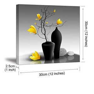 Flower Wall Art for Bathroom Hallway, SZ Elegant Orchid Still Life Canvas Painting Prints, Golden Magnolia in Black and White Vases Picture (Ready to Hang, Waterproof Decor)