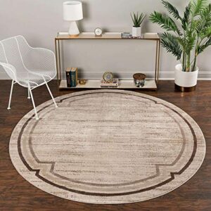unique loom oasis collection modern, high-low pile, border, stripes, abstract area rug (7′ 0 x 7′ 0 round, brown/beige)