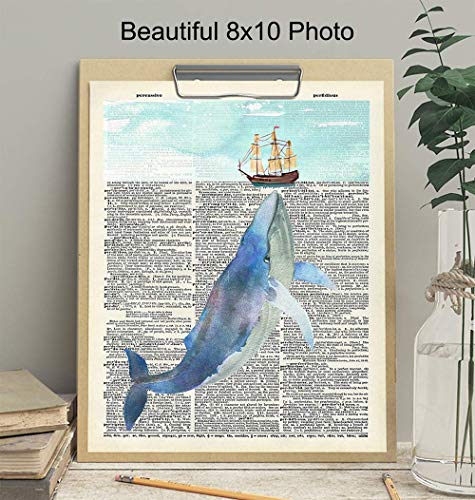 Nautical Whale Dictionary Wall Art - 8x10 Photo, Picture - Ocean, Sea, Beach Home Decor, Shabby Chic Decoration - Unique Gift - Cool Bath, Bathroom Art - Unframed Poster Print