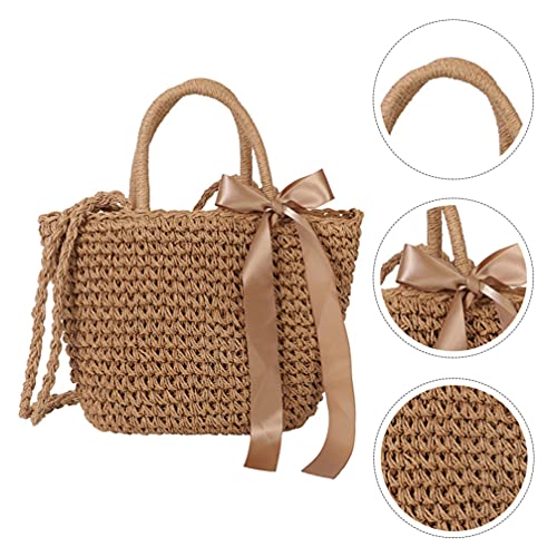 Amosfun straw purse crochet bag tote large beach with zipper rattan bags for women- Woven Handbag Woven Bag Beach Bag Storage- Bag Grass Bag Cross- body Bag