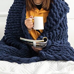 chunky knit blanket throw – 50″x60″ 3.7 lbs. – soft chenille yarn knitted blanket – machine washable crochet blanket – handmade cable knit throw blanket for couch, bed (navy blue)