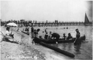 historicalfindings photo: bathers,colonial beach,virginia,va,canoe,pier,umbrella,sailboat,swimming,c1920