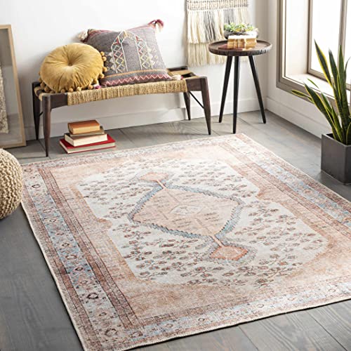 Moora Machine Washable Area Rug - Oriental Persian Medallion Pattern - Bohemian Floral Living Room Carpet - Pink, Blue, Beige, Cream - 7'10" x 10'2"