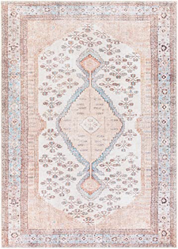 Moora Machine Washable Area Rug - Oriental Persian Medallion Pattern - Bohemian Floral Living Room Carpet - Pink, Blue, Beige, Cream - 7'10" x 10'2"