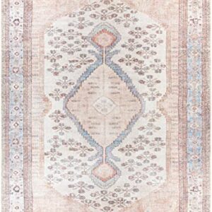 Moora Machine Washable Area Rug - Oriental Persian Medallion Pattern - Bohemian Floral Living Room Carpet - Pink, Blue, Beige, Cream - 7'10" x 10'2"