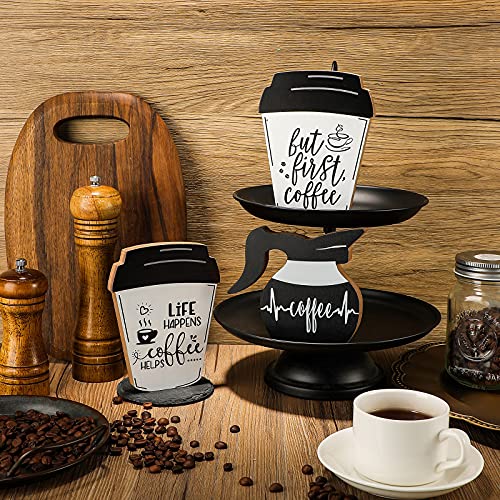 3 Pieces Coffee Bar Decor Signs But First Coffee Wood Plaque Rustic Coffee Bar Tiered Tray Wood Signs Farmhouse Vintage Table Centerpiece Mug Life Coffee Wood Sign for Home Coffee Bar (Cute Style)