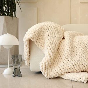 Abound Chunky Knit Blanket Throw - Queen Size (50"x60", 5 lbs) - Chenille Yarn Knitted Blanket - Crochet Blanket - Cable Knit Throw Blanket - Weighted Chunky Blanket, Gift - Machine Washable (Beige)