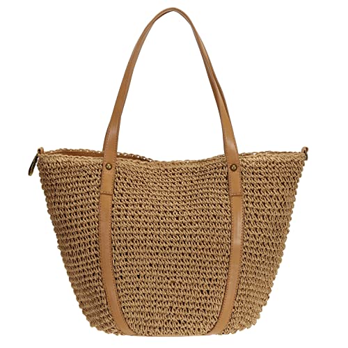 So'each Women's Handbag Wicker Woven Rattan Straw Tote Shoulder Bucket Bag Khaki