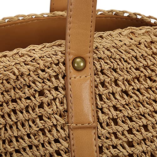 So'each Women's Handbag Wicker Woven Rattan Straw Tote Shoulder Bucket Bag Khaki