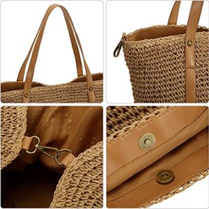 So'each Women's Handbag Wicker Woven Rattan Straw Tote Shoulder Bucket Bag Khaki