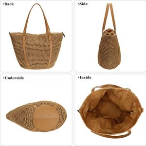 So'each Women's Handbag Wicker Woven Rattan Straw Tote Shoulder Bucket Bag Khaki