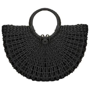 handwoven rattan top-handle bag for women bohemian round straw tote bag beach large carrying handbag (black)