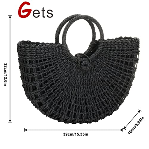 Handwoven Rattan Top-handle Bag for Women Bohemian Round Straw Tote Bag Beach Large Carrying Handbag (Black)