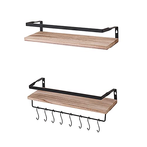 INSTORY Set of 2 Floating Shelves Wall Mounted Shelf Solid Wood Hanging Shelf Wall Storage Shelves with Protective Guards Towel Holders and Hooks - Natural Wood