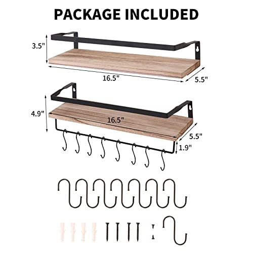 INSTORY Set of 2 Floating Shelves Wall Mounted Shelf Solid Wood Hanging Shelf Wall Storage Shelves with Protective Guards Towel Holders and Hooks - Natural Wood