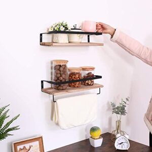 INSTORY Set of 2 Floating Shelves Wall Mounted Shelf Solid Wood Hanging Shelf Wall Storage Shelves with Protective Guards Towel Holders and Hooks - Natural Wood