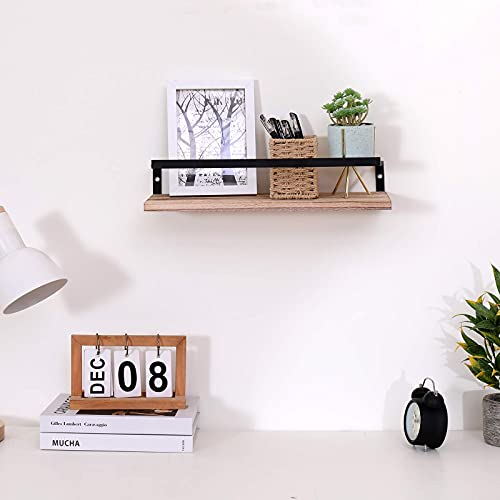 INSTORY Set of 2 Floating Shelves Wall Mounted Shelf Solid Wood Hanging Shelf Wall Storage Shelves with Protective Guards Towel Holders and Hooks - Natural Wood