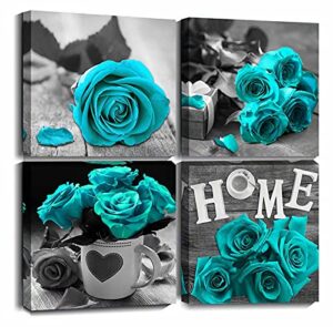 byllyaz teal rose wall art canvas blue 4 pieces for living room decor contemporary turquoise blossom flowers prints pictures artwork kitchen office wall decor ready to hang 12×12