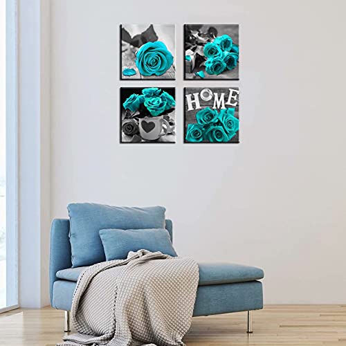 Byllyaz Teal Rose Wall Art Canvas Blue 4 Pieces for Living Room Decor Contemporary Turquoise Blossom Flowers Prints Pictures Artwork Kitchen Office Wall Decor Ready to Hang 12x12