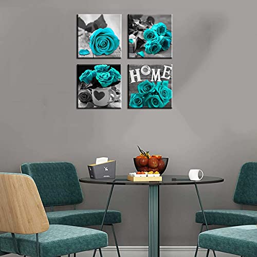 Byllyaz Teal Rose Wall Art Canvas Blue 4 Pieces for Living Room Decor Contemporary Turquoise Blossom Flowers Prints Pictures Artwork Kitchen Office Wall Decor Ready to Hang 12x12