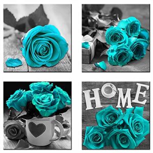 Byllyaz Teal Rose Wall Art Canvas Blue 4 Pieces for Living Room Decor Contemporary Turquoise Blossom Flowers Prints Pictures Artwork Kitchen Office Wall Decor Ready to Hang 12x12