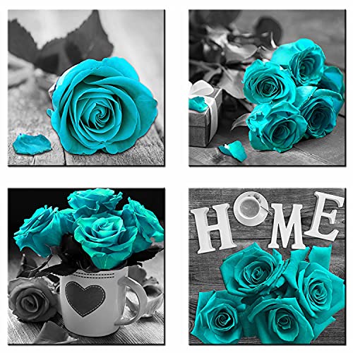 Byllyaz Teal Rose Wall Art Canvas Blue 4 Pieces for Living Room Decor Contemporary Turquoise Blossom Flowers Prints Pictures Artwork Kitchen Office Wall Decor Ready to Hang 12x12