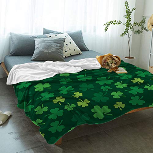 Victories Flannel Throw Blanket for All Season,St. Patrick's Day Clover Dark Green Background Cozy Plush Warm Soft Leisure Fleece Blankets for Bed Sofa Chair Decor 40x50IN