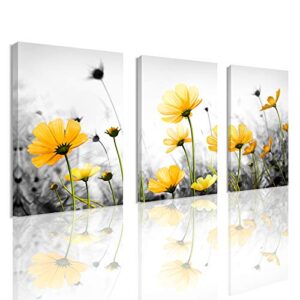 flowers canvas art wall decor black and white framed galsang floral prints and posters wall hanging decorations ready to hang for bedroom bathroom (yellow, 12″x16″x3panles)