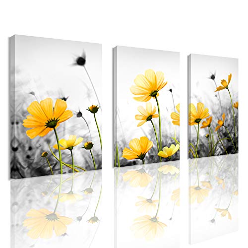 Flowers Canvas Art Wall Decor Black and White Framed Galsang Floral Prints and Posters Wall Hanging Decorations Ready to Hang for Bedroom Bathroom (yellow, 12"x16"x3Panles)