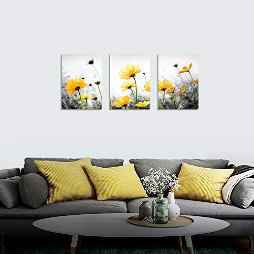 Flowers Canvas Art Wall Decor Black and White Framed Galsang Floral Prints and Posters Wall Hanging Decorations Ready to Hang for Bedroom Bathroom (yellow, 12"x16"x3Panles)