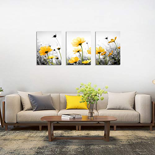 Flowers Canvas Art Wall Decor Black and White Framed Galsang Floral Prints and Posters Wall Hanging Decorations Ready to Hang for Bedroom Bathroom (yellow, 12"x16"x3Panles)