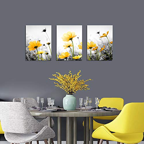 Flowers Canvas Art Wall Decor Black and White Framed Galsang Floral Prints and Posters Wall Hanging Decorations Ready to Hang for Bedroom Bathroom (yellow, 12"x16"x3Panles)