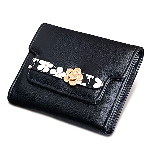 TOPKULL Wallets for Women Rfid Small Womens Wallet Trifold Flower Leather Ladies Wallet with Card Holder&Zipper Coin Purse (Black)