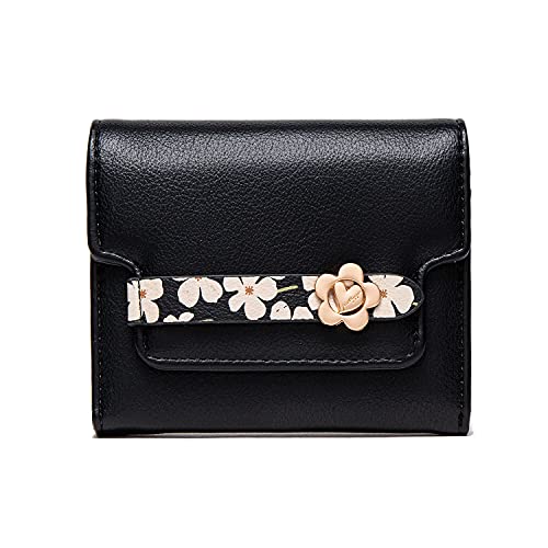 TOPKULL Wallets for Women Rfid Small Womens Wallet Trifold Flower Leather Ladies Wallet with Card Holder&Zipper Coin Purse (Black)