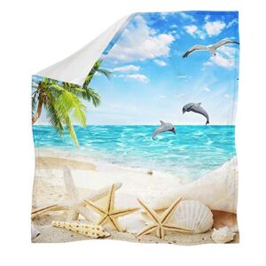 Forchrinse Seashell Starfish Tropical Palm Tree on Ocean Beach Throw Blanket,Soft Blanket Cozy Warm Fluffy Plush Blanket Microfiber